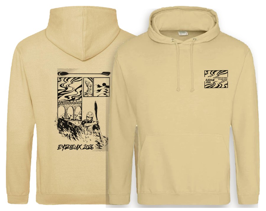 Sweat à capuche Eyrieux 2026, sable, illustration kayak et viaduc