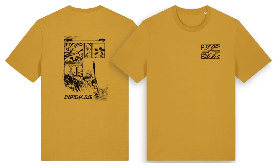 T-shirt Eyrieux 2026, ocre, illustration kayak et viaduc