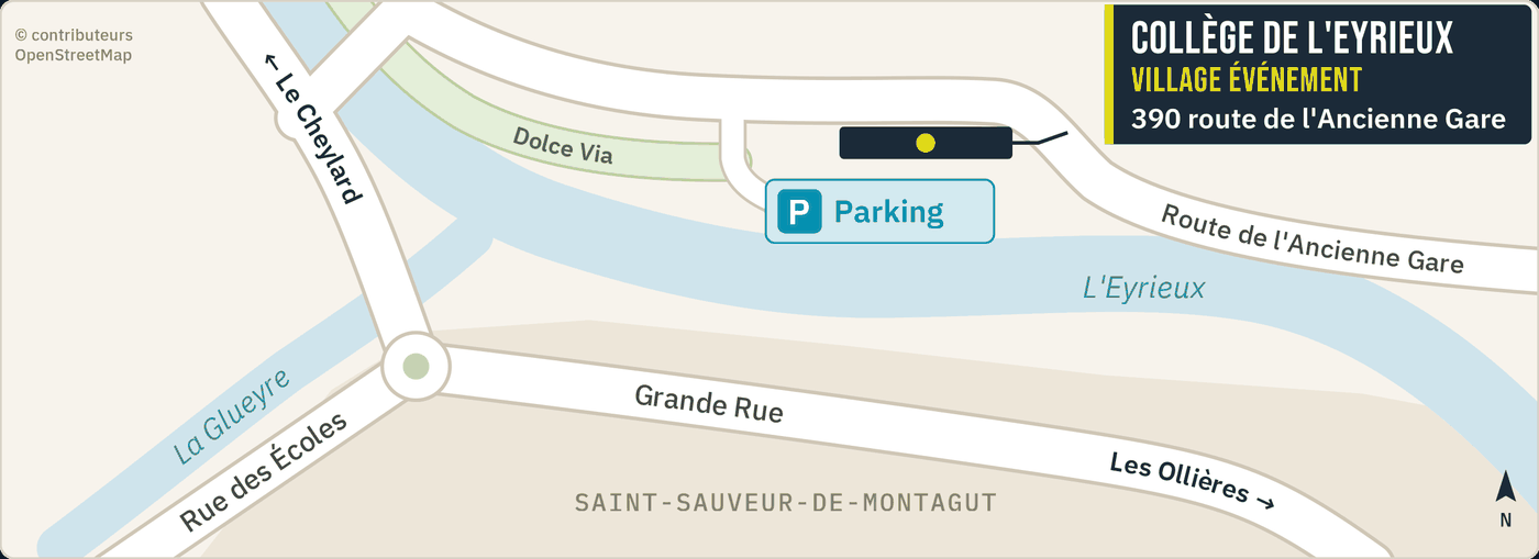 Plan d'accès au collège de l'Eyrieux, village événement, et à son parking, 390 route de l'Ancienne Gare à Saint-Sauveur-de-Montagut.