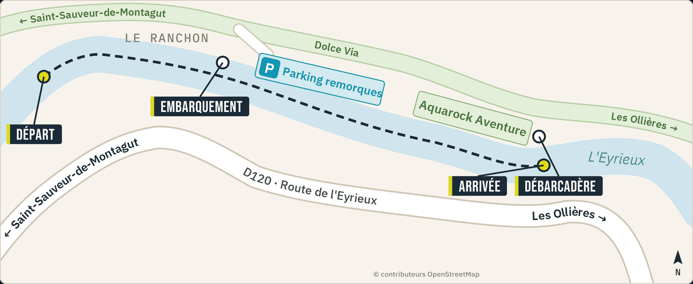Plan du jeudi 29 octobre : départ, embarquement, débarcadère et arrivée au Ranchon, parking remorques et Aquarock Aventure.