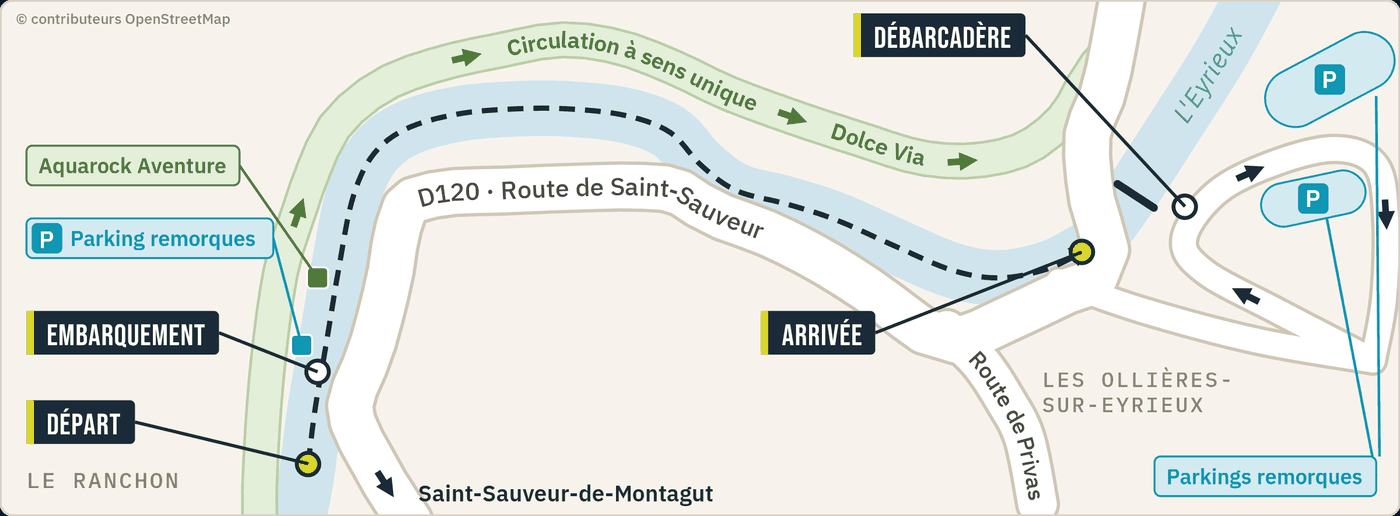 Plan du samedi 31 octobre : du Ranchon au pont des Ollières-sur-Eyrieux, avec embarquement, débarcadère, arrivée et parkings remorques.