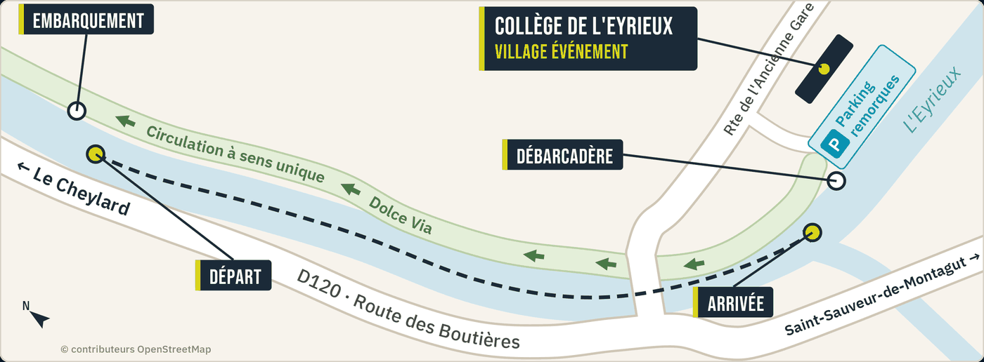 Plan du vendredi 30 octobre à Saint-Sauveur-de-Montagut : départ, embarquement, débarcadère, arrivée, collège de l'Eyrieux et sens unique sur la Dolce Via.